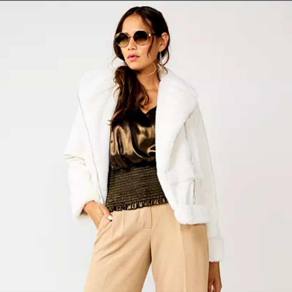 Nwt Nine West Daisy Dew Creamy White Faux Leather Moto Jacket